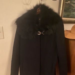 MAJE SIZE 36 black pea coat with black fur collar